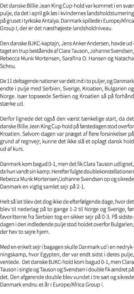 Det danske Billie Jean King Cup hold var kommet i en sv r pulje, da det i april gik l s i kvindernes landsholdsturner...