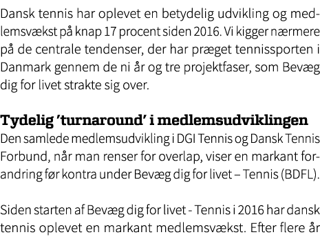 Dansk tennis har oplevet en betydelig udvikling og medlemsv kst p knap 17 procent siden 2016. Vi kigger n rmere p  d...