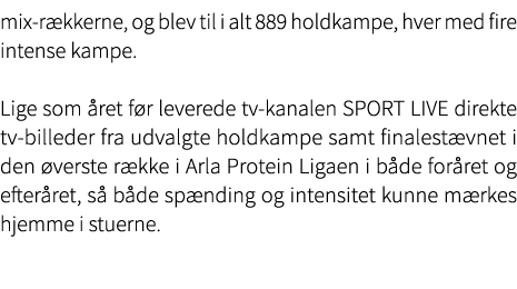 mix r kkerne, og blev til i alt 889 holdkampe, hver med fire intense kampe. Lige som ret f r leverede tv kanalen SPO...