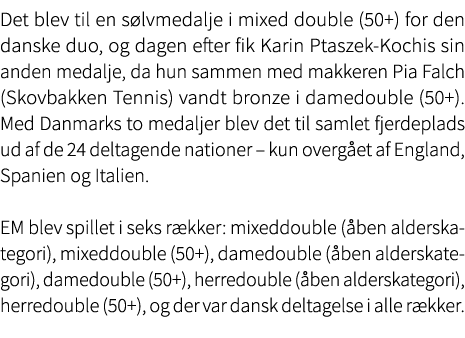 Det blev til en s lvmedalje i mixed double (50+) for den danske duo, og dagen efter fik Karin Ptaszek Kochis sin ande...