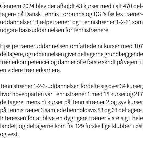Gennem 2024 blev der afholdt 43 kurser med i alt 470 deltagere p Dansk Tennis Forbunds og DGI’s f lles tr neruddanne...