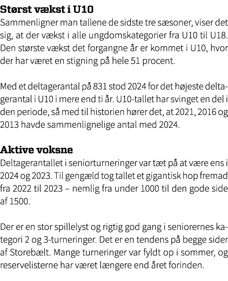 St rst v kst i U10 Sammenligner man tallene de sidste tre s soner, viser det sig, at der v kst i alle ungdomskategori...
