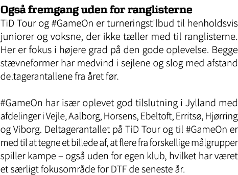 Ogs fremgang uden for ranglisterne TiD Tour og #GameOn er turneringstilbud til henholdsvis juniorer og voksne, der i...