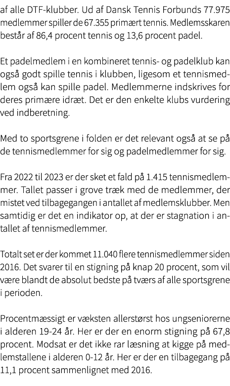 af alle DTF klubber. Ud af Dansk Tennis Forbunds 77.975 medlemmer spiller de 67.355 prim rt tennis. Medlemsskaren bes...