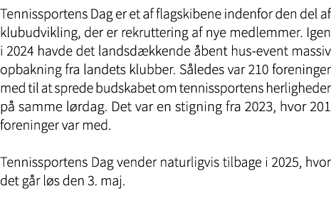 Tennissportens Dag er et af flagskibene indenfor den del af klubudvikling, der er rekruttering af nye medlemmer. Igen...