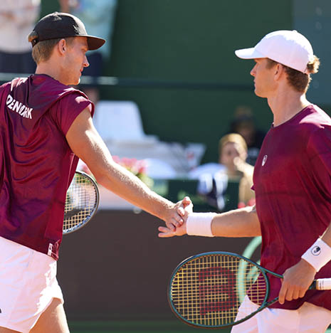 MARBELLA, SPAIN - SEPTEMBER 14: Johannes Ingildsen and August Holmgren of Denmark celebrate a point against during the 2025 Davis Cup Qualifier second round match between Spain and Denmark at Club de Tenis Puente Romano on September 14, 2025 in Marbella, Spain. (Photo by Angel Martinez/Getty Images for ITF)
