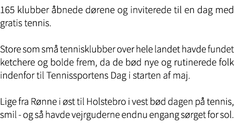165 klubber bnede d rene og inviterede til en dag med gratis tennis. Store som sm  tennisklubber over hele landet ha...