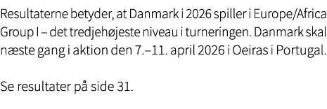 Resultaterne betyder, at Danmark i 2026 spiller i Europe/Africa Group I – det tredjeh jeste niveau i turneringen. Dan...