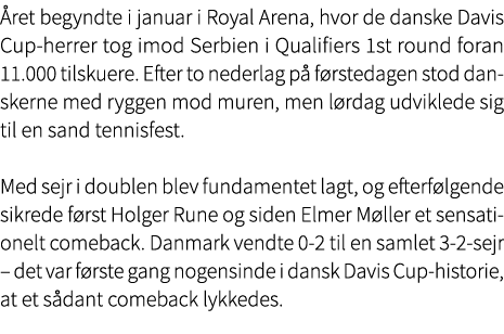  ret begyndte i januar i Royal Arena, hvor de danske Davis Cup herrer tog imod Serbien i Qualifiers 1st round foran 1...